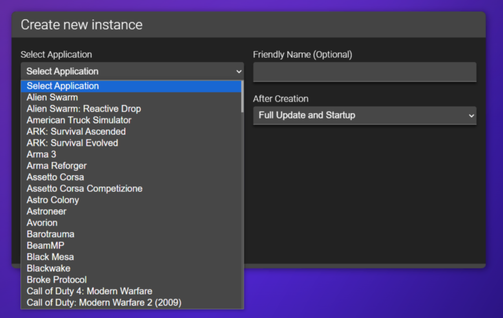 The Create New Instance menu in Hostinger Game Panel