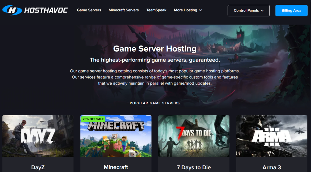 Host Havoc game server hosting landing page