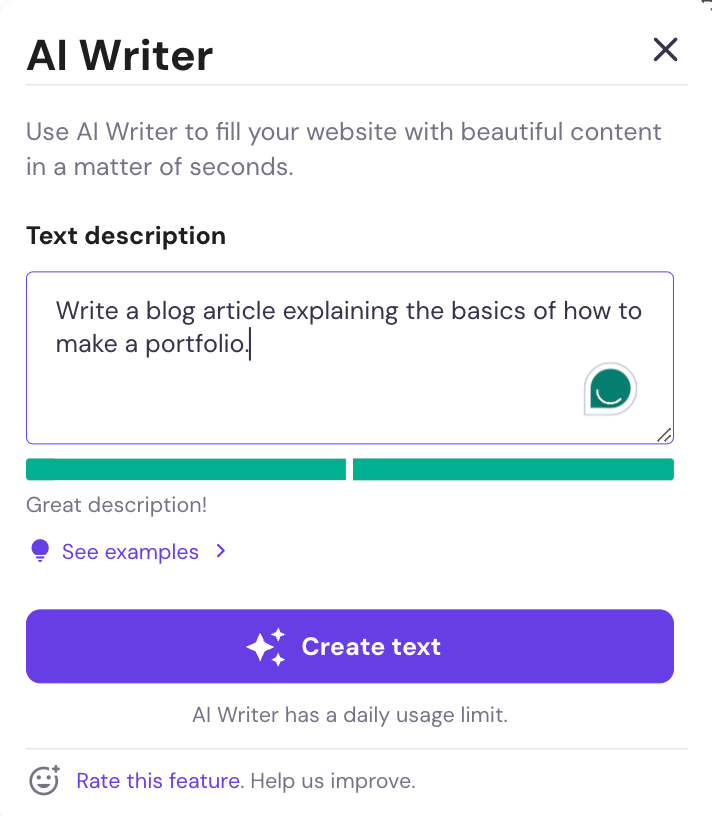 Hostinger Website Builder AI Writer form