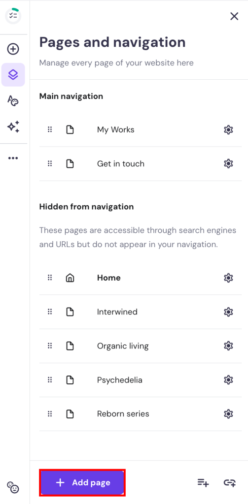Hostinger Website Builder pages and navigation option highlighting  Add page button