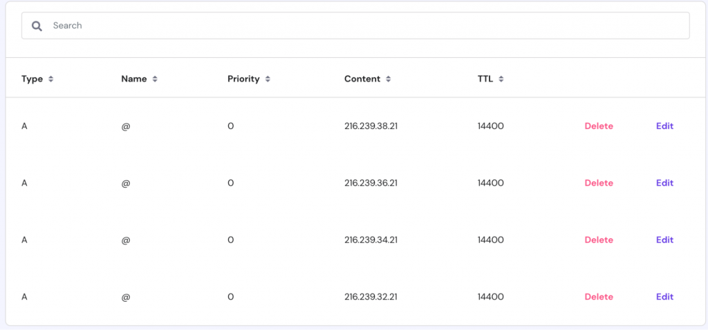 Hostinger's hPanel DNS Zone view with four Blogger A records added
