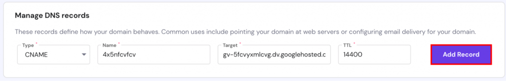 Hostinger's hPanel add new CNAME DNS record page. Add Record button is highlighted
