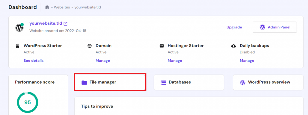 The File Manager button in hPanel's website management menu