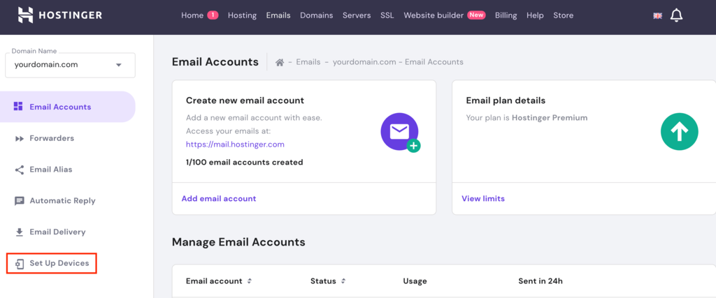 Email accounts section, highlighting the Set Up Devices button.