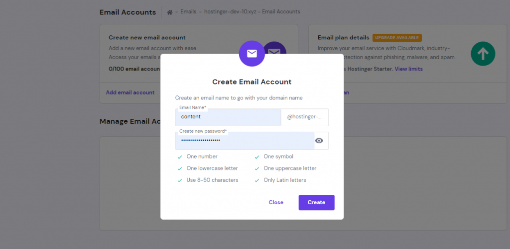 Create email account form on Hostinger