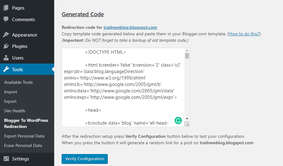 Blogger To WordPress Redirection Generated Code