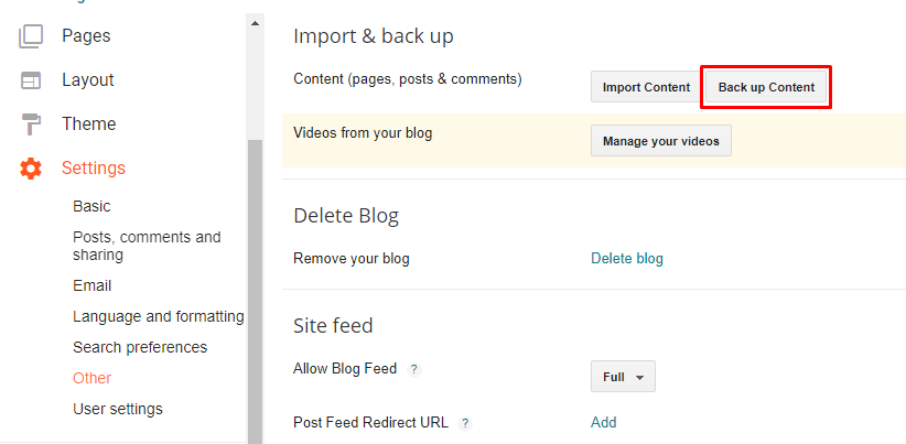 Import and Back up Section on Blogger Dashboard