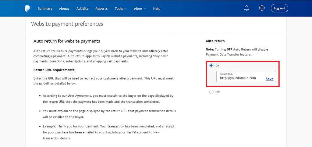 This image shows you how to enable PayPal auto return for website payments option and add the return URL.