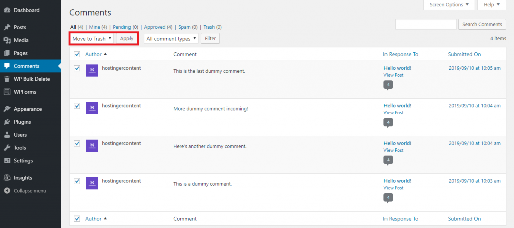 This image shows you how to delete all comments in WordPress from the platform's Comments section.