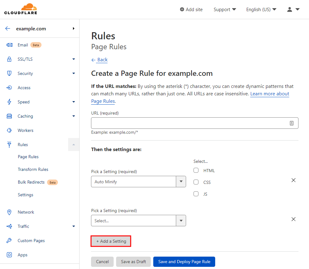 Cloudflare page rules, highlighting the Add a setting button