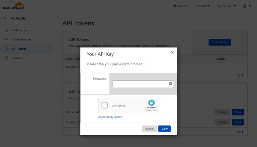 Cloudflare to get global API key
