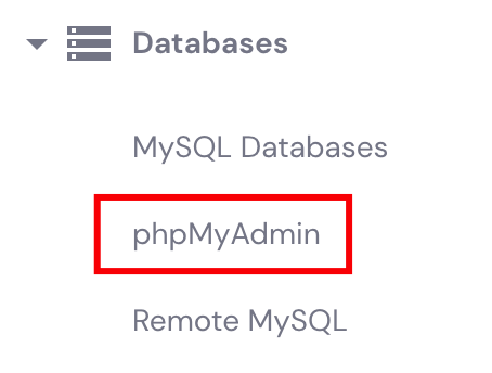 Databases section on hPanel. phpMyAdmin button is highlighted