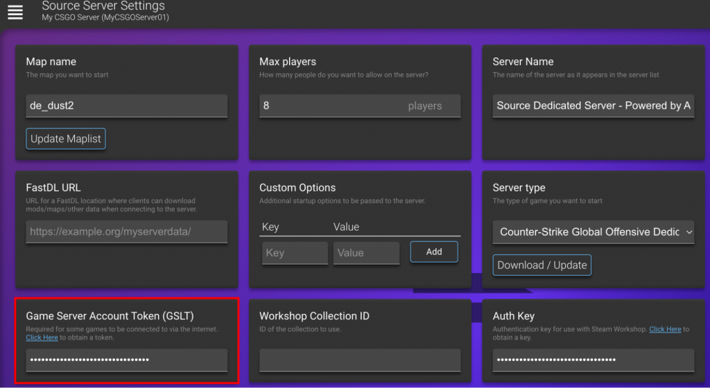 The Game Server Account Token (GSLT) window in the Source Server Settings on Game Panel.