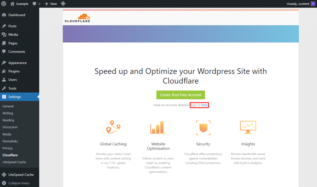 WordPress Cloudflare account creation page, highlighting the Sign in here button