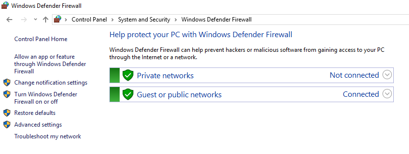 This image shows you windows defender firewall settings on Windows to fix the ECONNREFUSED - connection refused by server error.