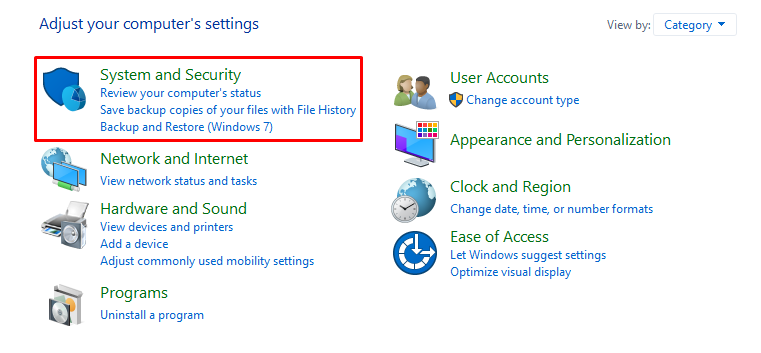 This image shows you the System and Security on Windows.