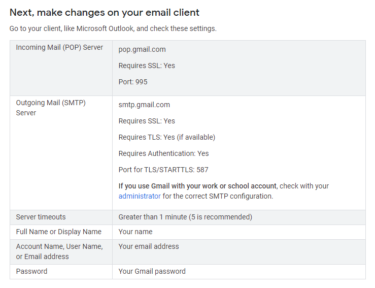 Configuration instructions for using an email client in Gmail