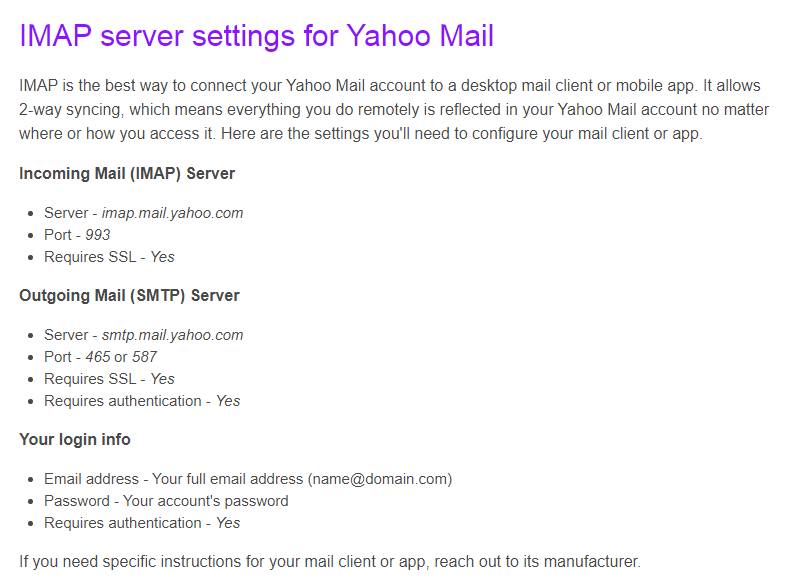 IMAP server settings for Yahoo Mail