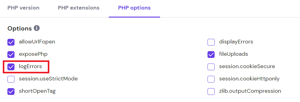 Selecting the logErrors box under the PHP options tab on hPanel
