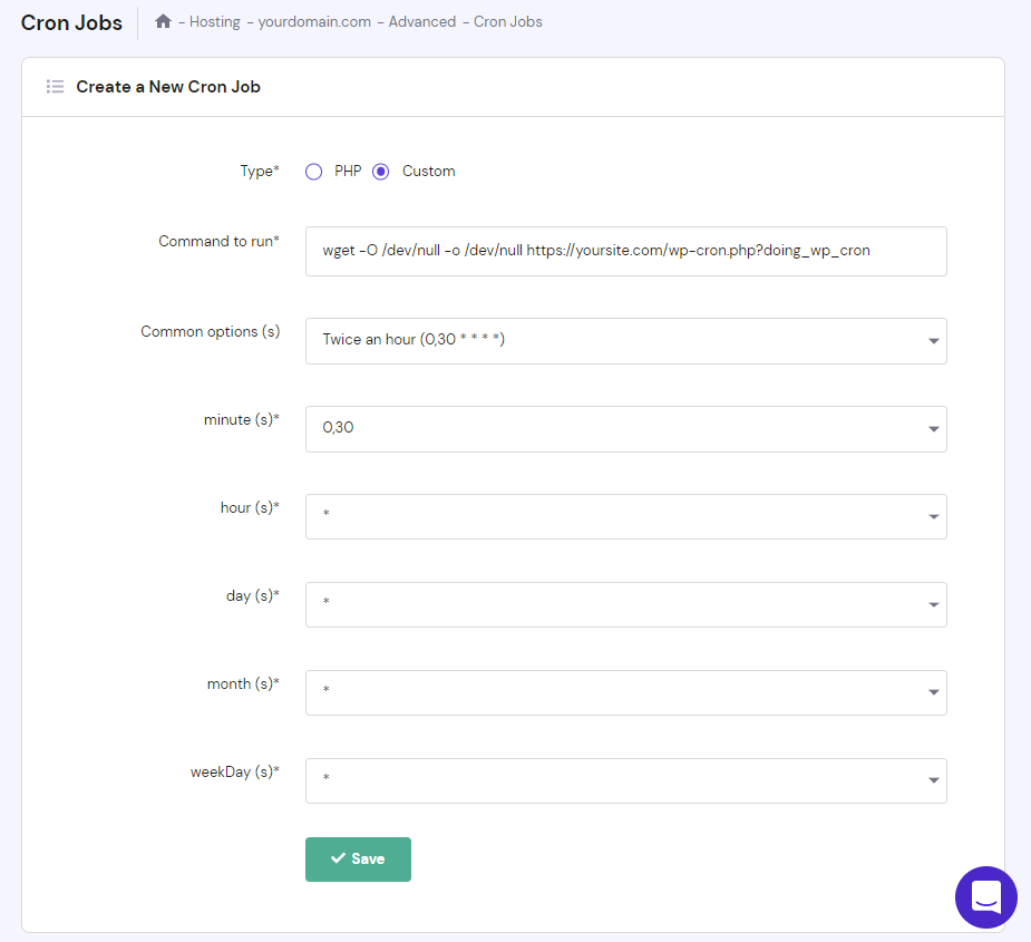 The Create a New Cron Job screen on hPanel
