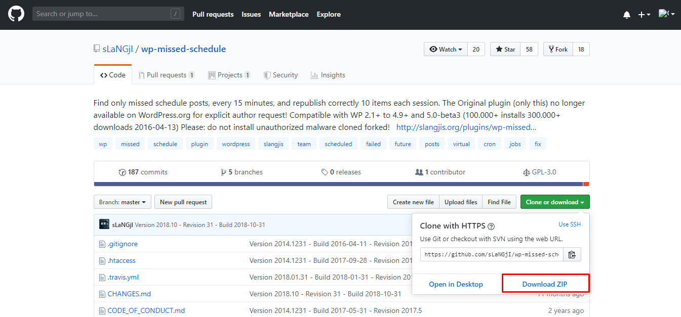 GitHub repository downloading WordPress plugin "wp-missed-schedule"