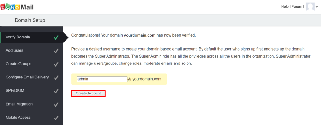 Creating an account in Zoho Mail.