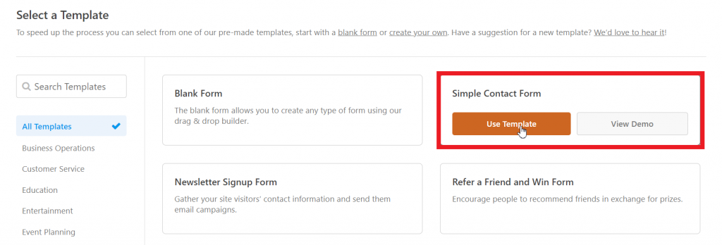 The Select a Template section, highlighting the Simple Contact Form template
