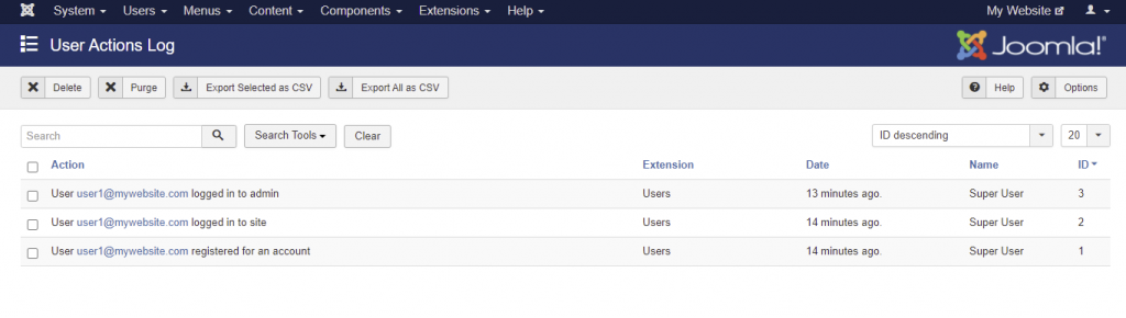 Screenshots of users action log in Joomla