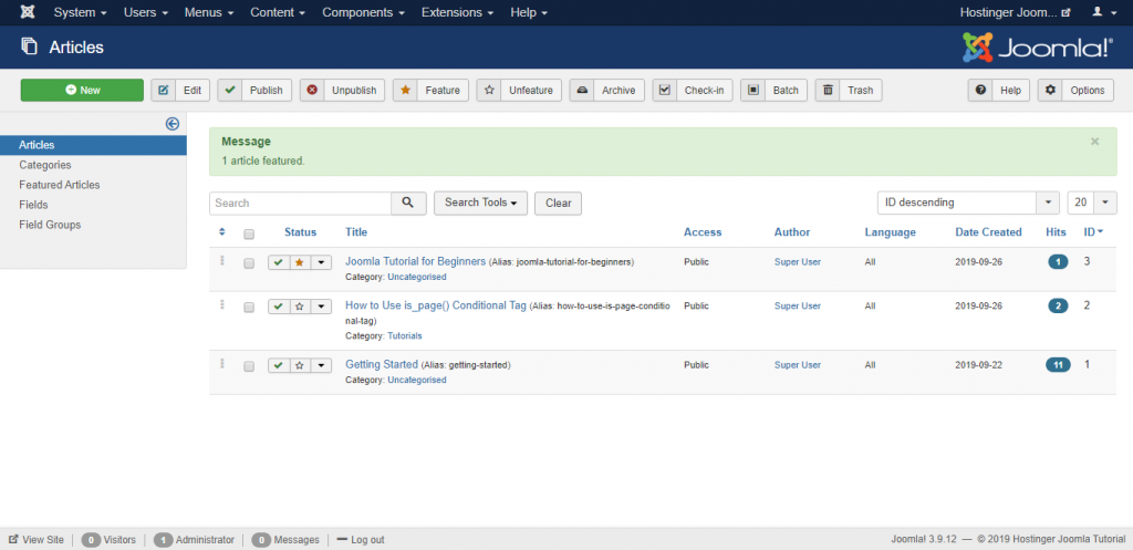 Screenshot of how to add a featured article on Joomla