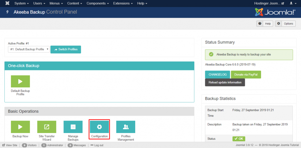 Screenshot of Joomla's Akeeba control panel