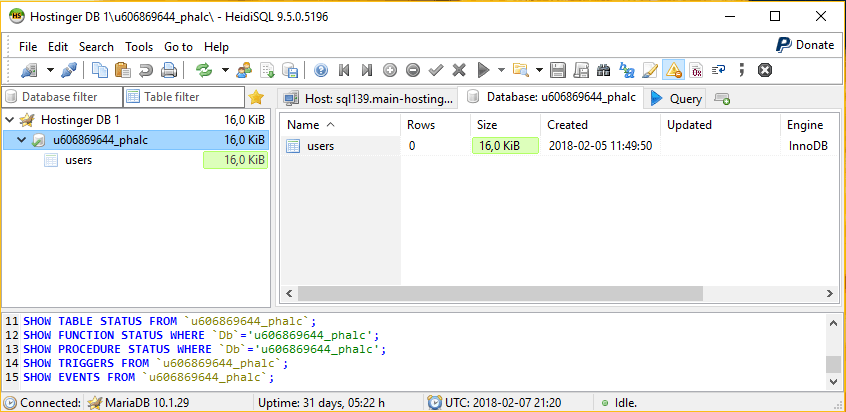 Successful connection to a database using HeidiSQL