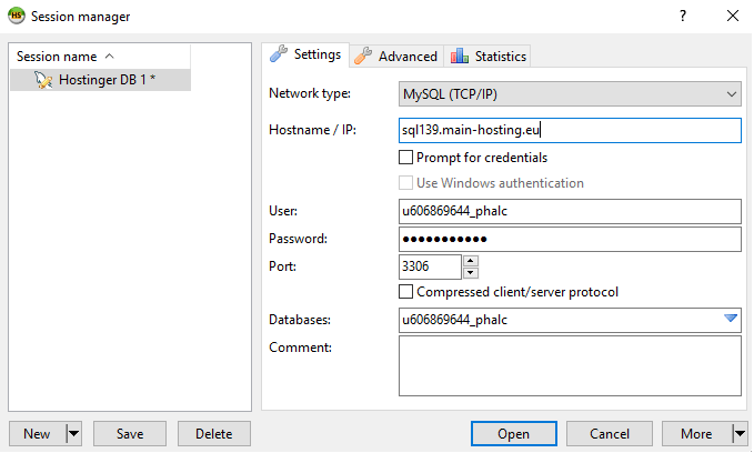 Filling MySQL database details in HeidiSQL configuration screen