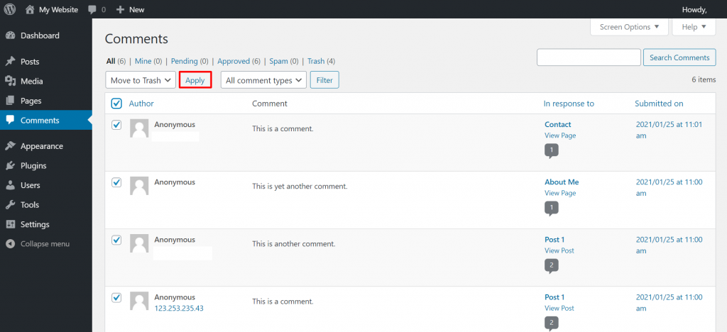 The Comments page on the WordPress admin panel, showing how delete all of the existing comments under every post or page