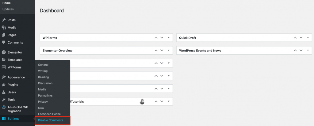 The Settings section on the WordPress admin panel, showing where to access the Disable Comments plugin