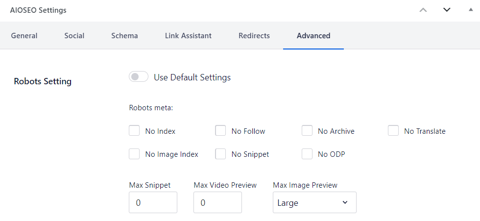 AIOSEO settings panel, showing the robots settings section