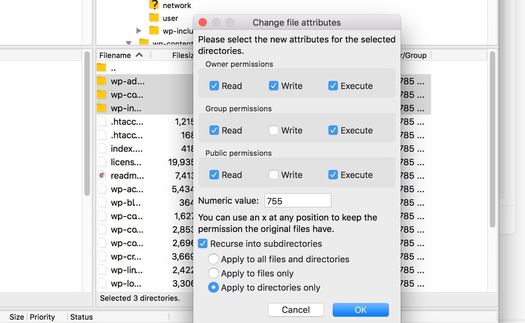 Change file attributes window of FileZilla screenshot