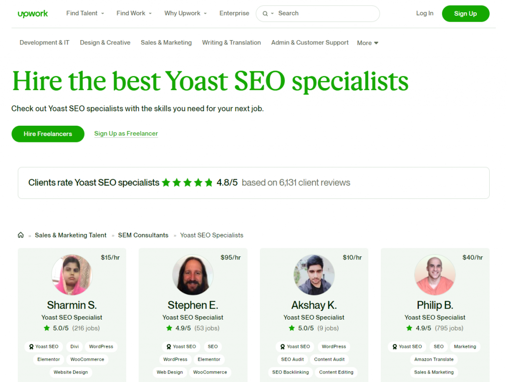 Upwork Yoast SEO specialists