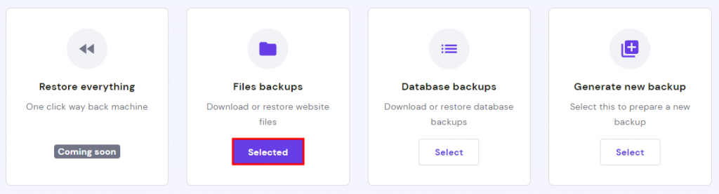 Choosing the Files backups option inside the Backups menu on Hostinger.