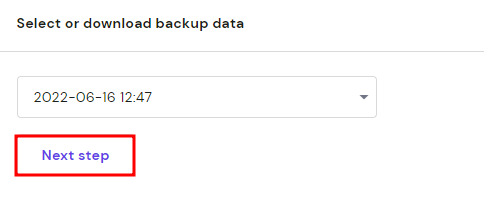 Selecting a date of website backup and proceeding to the next step inside the Backups menu on Hostinger