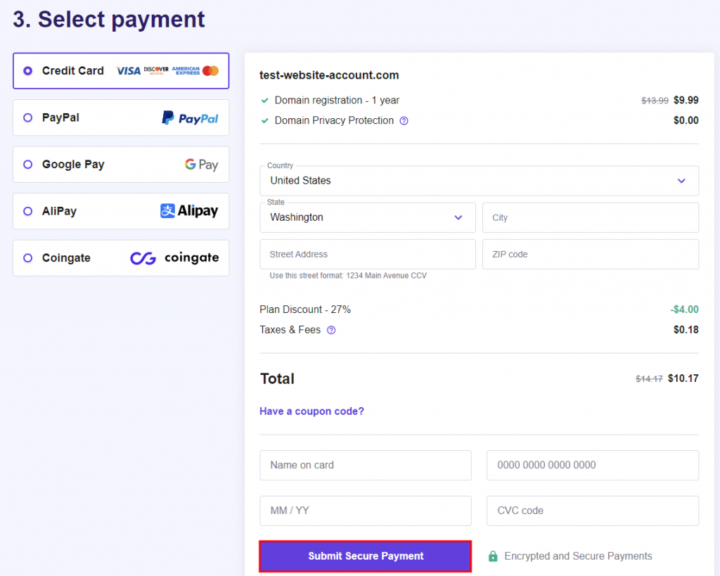 The "Select payment" section on Hostinger's shopping cart page with "Submit Secure Payment" highlighted