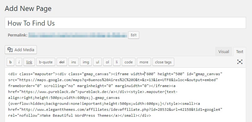 Adding your embed code to the WordPress editor.