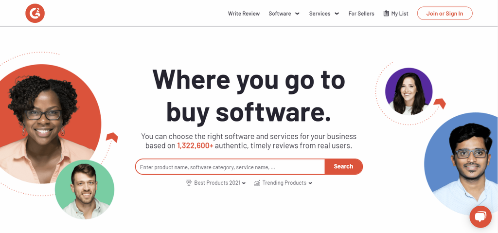 The homepage of G2, a business software and services review website.