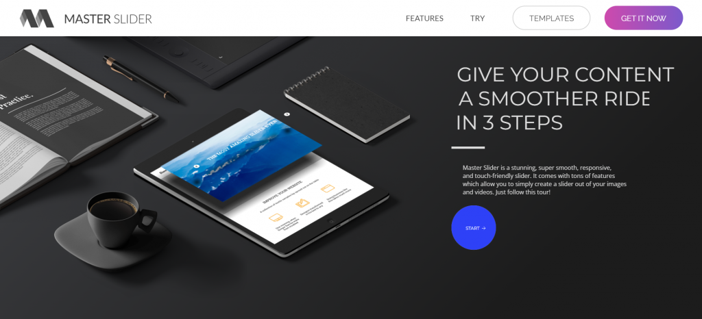 The homepage of Master Slider, a WordPress slider plugin that offers responsive and touch-friendly sliders