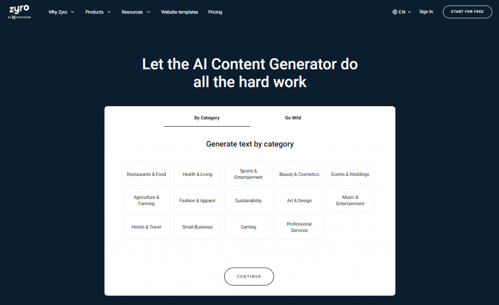 Zyro's website showing the AI Content Generator feature.
