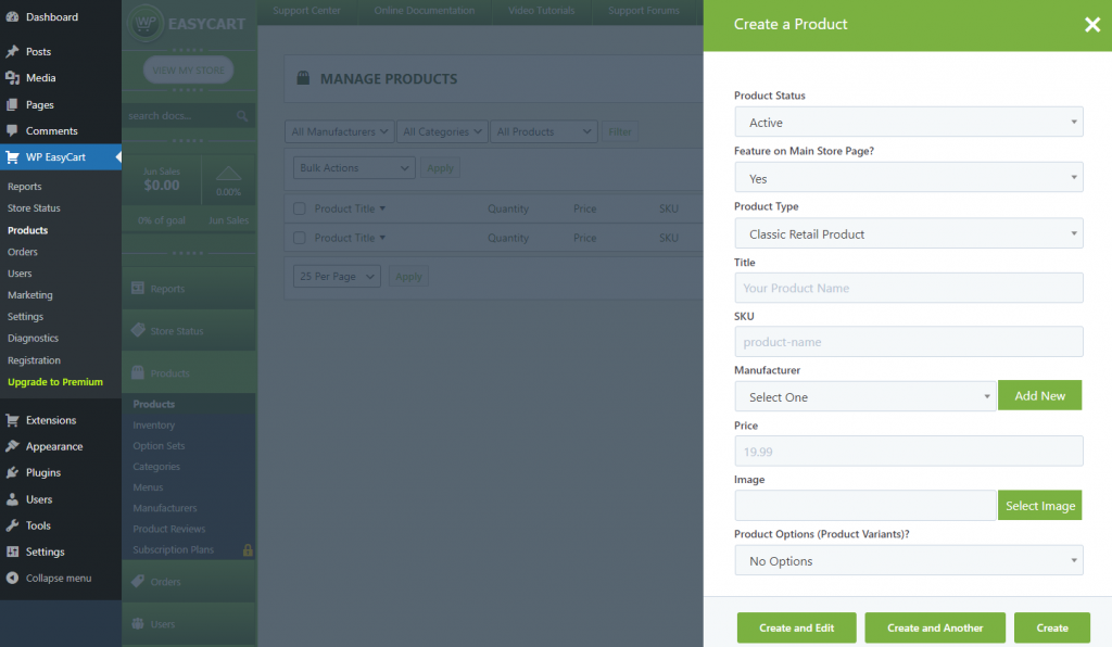 WP EasyCart dashboard, showing the Create a Product panel