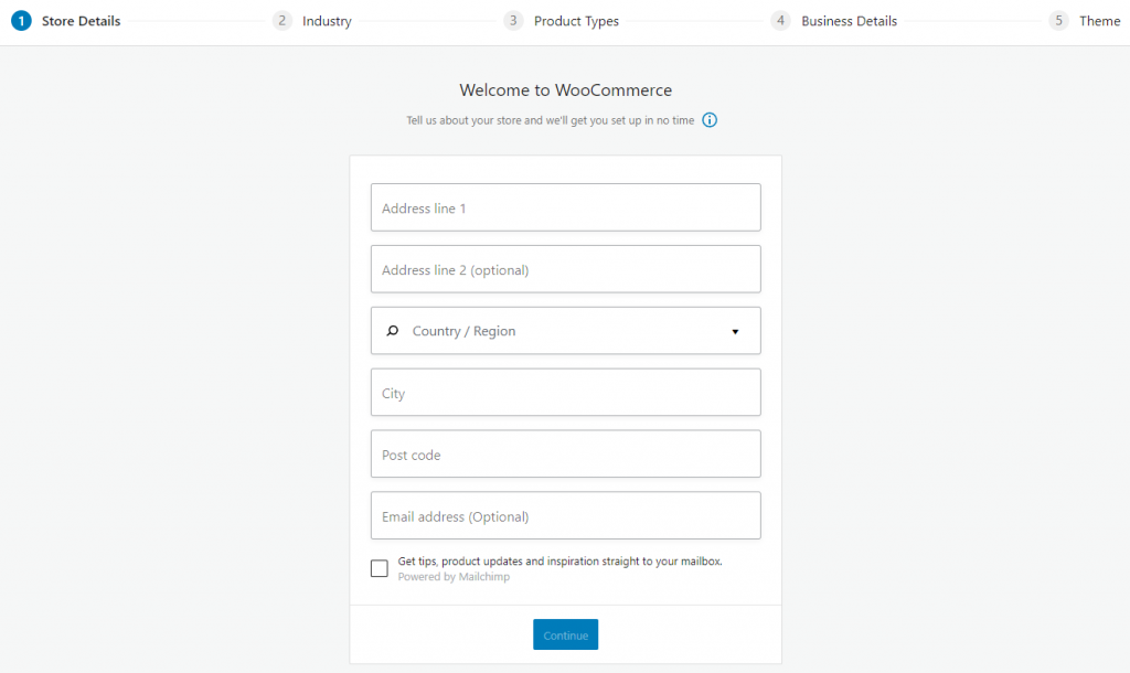 WooCommerce setup wizard, showing the store details fields