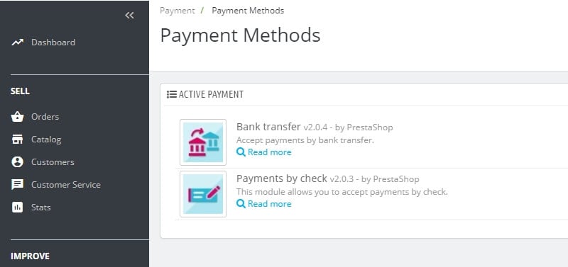 Some of PrestaShop's payment methods.