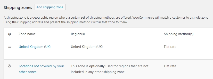 Some of WooCommerce's shipping settings.