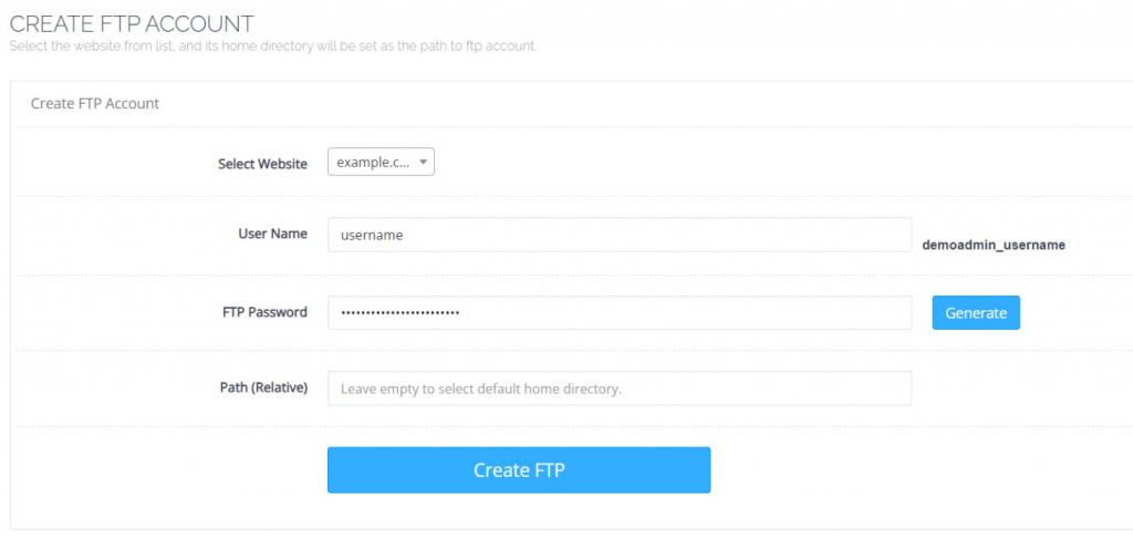 FTP account creation menu in CyberPanel