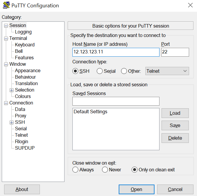 PuTTY SSH client user interface
